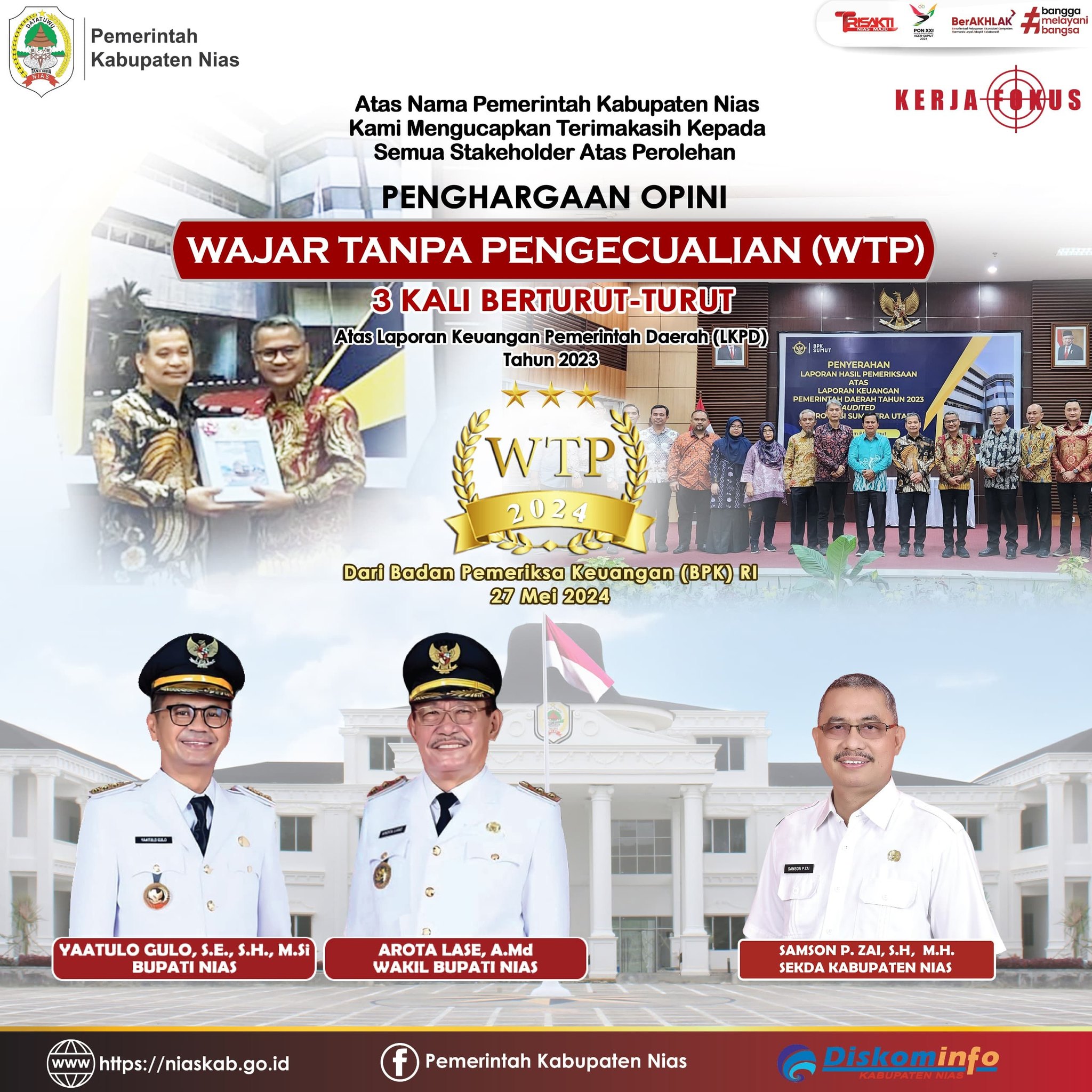 Pemerintah Kabupaten Nias Menerima Penghargaan Opini WTP dari BPK RI 