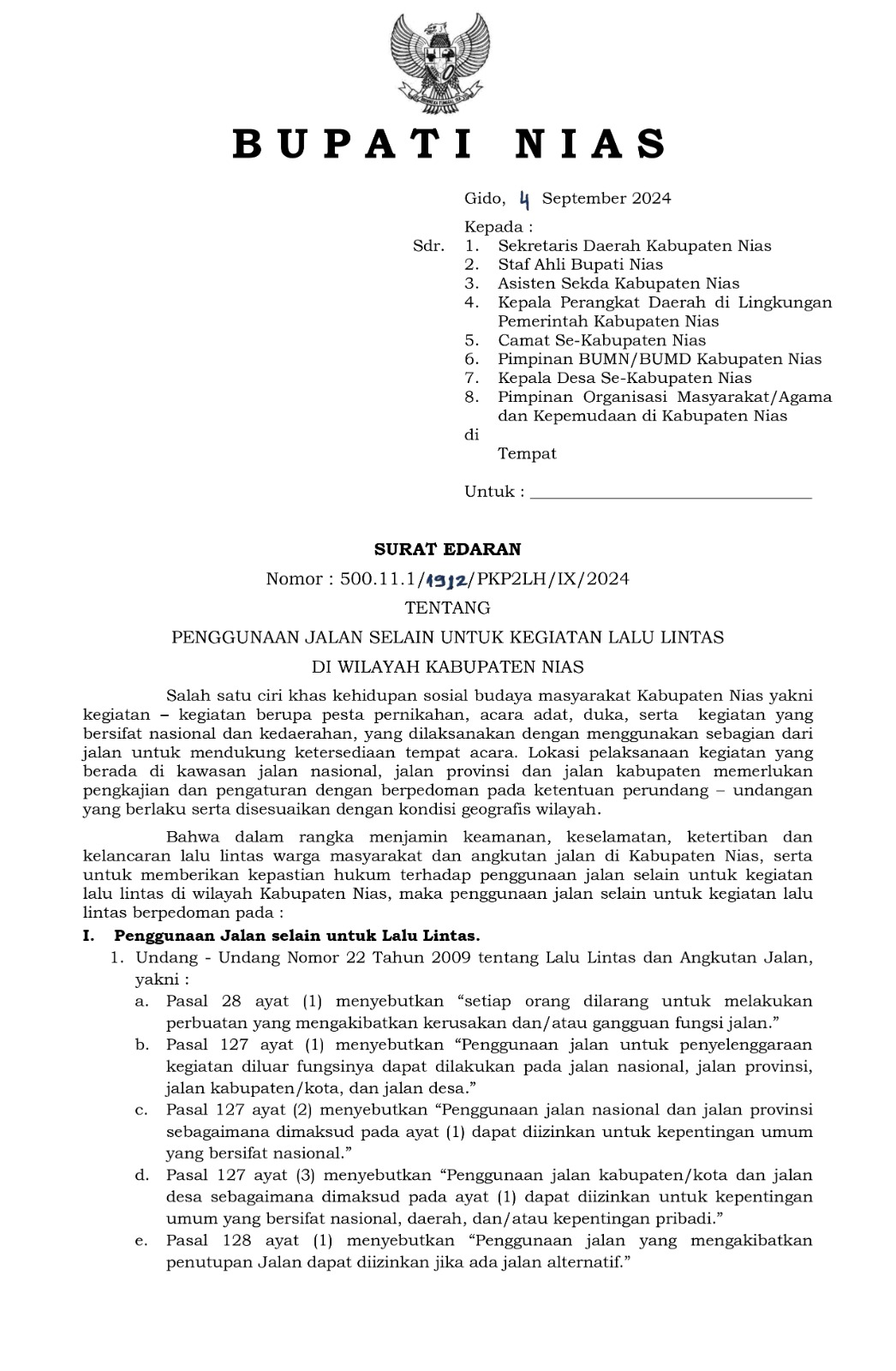 SURAT EDARAN BUPATI NIAS TENTANG PENGGUNAAN JALAN SELAIN UNTUK KEGIATAN LALU LINTAS DI WILAYAH KABUPATEN NIAS